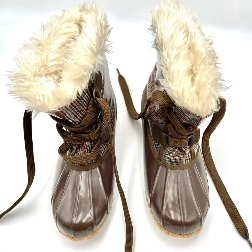 Sporto style kim4451902 women brown Plaid faux fur Lined Waterproof Duck Boots 8